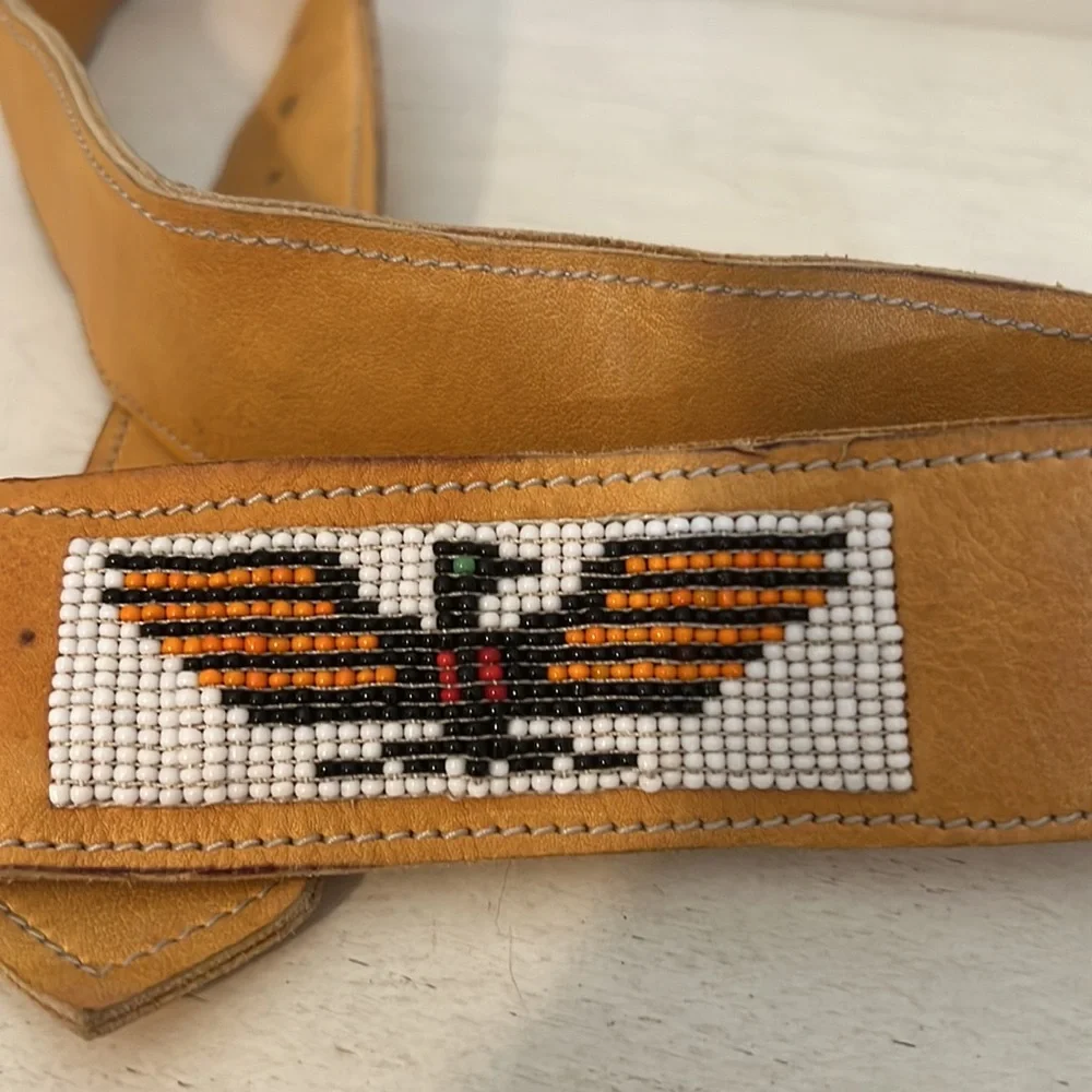 Vintage handmade glove tanned Native American leather beaded belt 42”